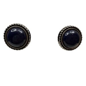 VTG Navy Blue Cabochon Stud Earrings Silver Tone Rope Edge Costume Jewelry 1 in